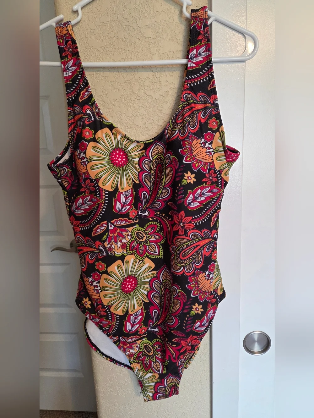 Nicole Miller Black One-Piece Swimsuit with Pink, Yellow and Orange Floral Print - Picture 1 of 3